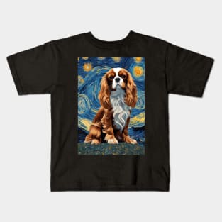 Cute Cavalier King Charles Spaniel Dog Breed Painting in a Van Gogh Starry Night Art Kids T-Shirt